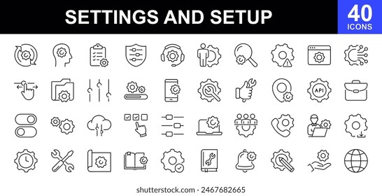 Setting and setup icon set. UI icon set. Contains such icons as gear, adjustments, setup, preferences, containing options, controls, service, operation icons and more. Vector illustration