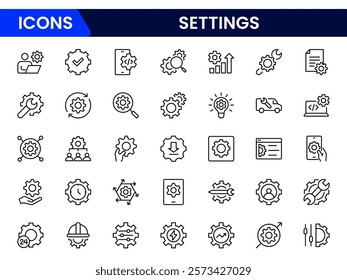 Setting and setup icon set. UI icon set. Contains such icons as gear, adjustments, setup, preferences, options, controls, service, operation icons, and more. Vector illustration