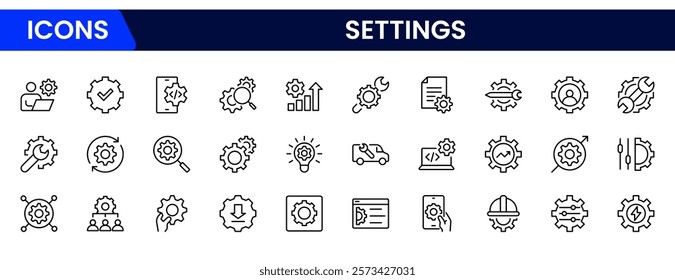 Setting and setup icon set. UI icon set. Contains such icons as gear, adjustments, setup, preferences, options, controls, service, operation icons, and more. Vector illustration