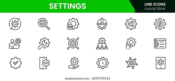 Setting and setup icon set. UI icon set. Contains such icons as gear, adjustments, setup, preferences, options, controls, service, operation icons, and more. Vector illustration