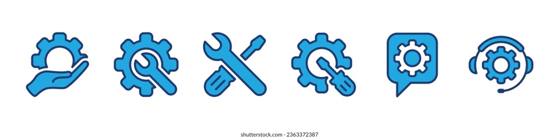 Setting and setup icons vector set. Technical support, support, maintenance, chat, service, repair, operator, gear, hands, wrench icon symbol in thin line and flat style for app and website