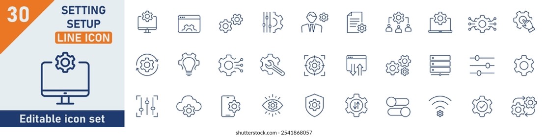 Definindo e configurando o conjunto de ícones de linha. Conjunto de 30 ícones de tópicos relacionados à configuração, configuração, opção, instalação, controle e outros. Ilustração vetorial.