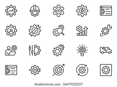 Setting and setup line icon set. UI icon set. Contains such icons as gear, adjustments, setup, preferences, options, controls, service, operation icons, and more. Vector illustration