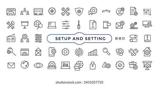 Setting and setup line icons collection. Operation, gear, processing, tools icons. Thin outline icons pack. UI icon set.