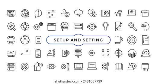 Setting and setup line icons collection. Operation, gear, processing, tools icons. Thin outline icons pack. UI icon set.