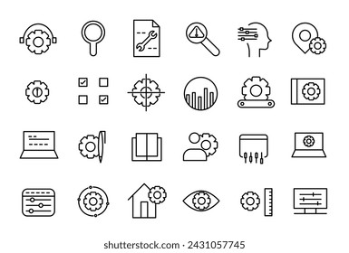 Setting and setup line icons collection. Operation, gear, processing, tools icons. Thin outline icons pack. UI icon set.