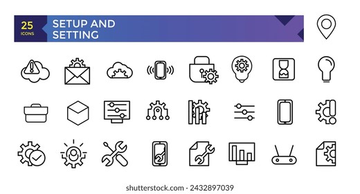 Configuración y configuración de la colección de iconos de línea. Trazo editable. Para diseño de marketing web, logotipo, aplicación, plantilla, ui, etc. Ilustración vectorial.