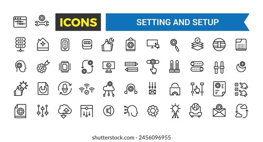 Einstellen und Einrichten von Liniensymbolen Kollektion, Betrieb, Verarbeitung, Werkzeugsymbole, Benutzeroberflächen-Symbolsatz, Paket mit dünnen Gliederungssymbolen, Vektorillustration