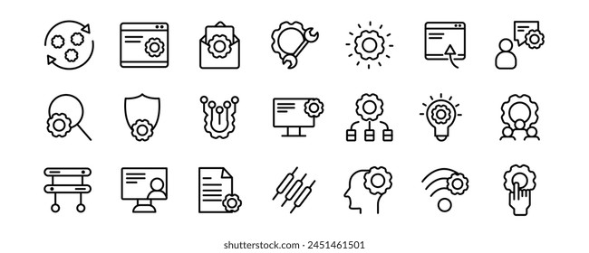 Setting setup related vector icons collection on white background.