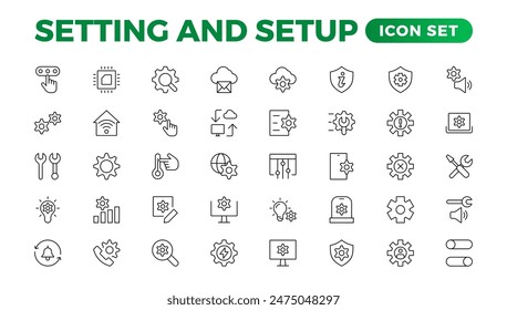 Setting and setup Solid icon collection. app and website settings icon set. options, configuration, preferences, adjustments, tools, gear, control panel, management,  and productivity icons.