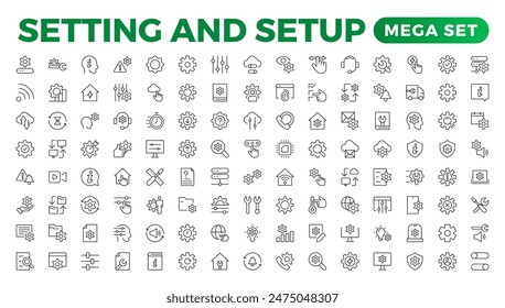 Setting and setup Solid icon collection. app and website settings icon set. options, configuration, preferences, adjustments, tools, gear, control panel, management,  and productivity icons.