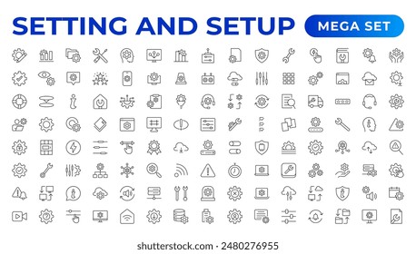 Setting and setup Solid icon collection. app and website settings icon set. options, configuration, preferences, adjustments, tools, gear, control panel, management,  and productivity icons.