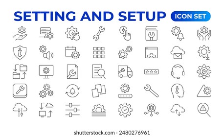 Setting and setup Solid icon collection. app and website settings icon set. options, configuration, preferences, adjustments, tools, gear, control panel, management,  and productivity icons.