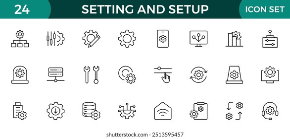 Solid-Icon-Sammlung einrichten und einrichten. Symbolsatz für App- und Websiteeinstellungen. Optionen, Konfiguration, Einstellungen, Einstellungen, Tools, Getriebe, Bedienfeld, Verwaltung und Produktivitätssymbole.
