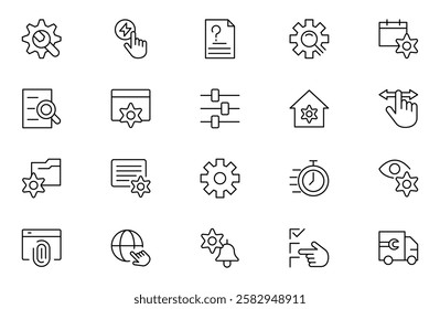 Setting and setup Solid icon collection. app and website settings icon set. options, configuration, preferences, adjustments, tools, gear, control panel, management, and productivity icons.