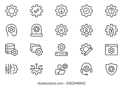 Setting and setup Solid icon set. app and website settings icon set. options, configuration, preferences, adjustments, tools, gear, control panel, management, and productivity icons.