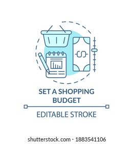 Setting shopping budget concept icon. Shopping tip idea thin line illustration. Sticking to limits. Financial goals. Avoiding impulse buying. Vector isolated outline RGB color drawing. Editable stroke