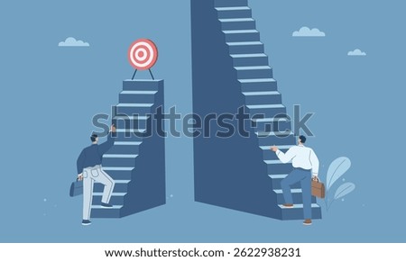 Setting short-term goals to achieve continuous success, Businessman is climbing a ladder with a clear goal in sight, A competitor is climbing a ladder with no goal in sight, Strategic decision.