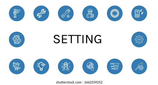 setting simple icons set. Contains such icons as Musical, Wrench, Editor, Plate, Music, Eating, Light control, DJ, Knife, Settings, can be used for web, mobile and logo