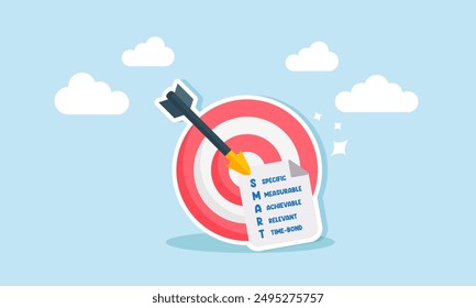 Setting SMART goals: specific, measurable, achievable, relevant, and time-bound, planning realistic targets, concept of arrow bow hit bullseye with note paper written business SMART goal