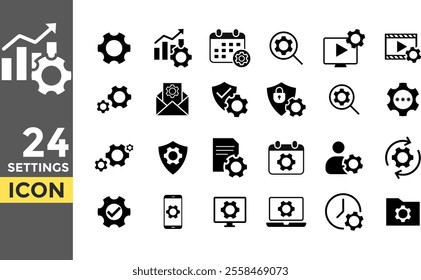 Setting solid icon set. Cogwheel symbol. Gear wheel icon for use in any purpose. Gear setting icon collection. Progress or construction concept