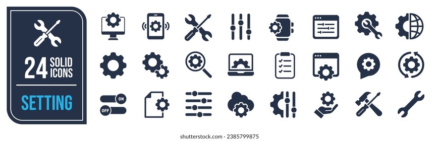 Setting solid icons collection. Containing setup, gear, tool, configuration icons. For website marketing design, logo, app, template, ui, etc. Vector illustration.