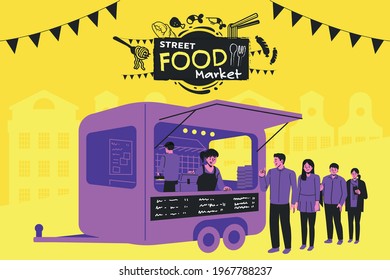 Setting up a street-market in the city. street food truck style festival poster design. 