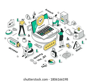 Setting a strong password. Concept of two steps authentication, breach alert, and personal data protection. Digital security technologies isometric illustration