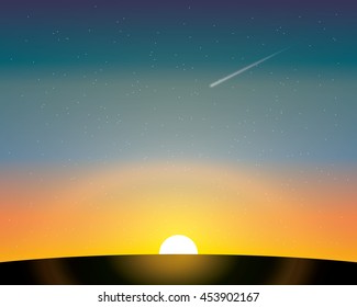 the setting sun above the earth's surface and the flying meteor in the night sky. vector illustration
