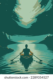 the setting sun becomes the background for someone who is paddling a canoe to earn a fortune