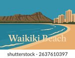 The setting sun casts vibrant hues over Waikiki Beach, with the iconic Diamond Head volcano peak rising in the distance, creating a picturesque Hawaiian landscape