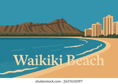 The setting sun casts vibrant hues over Waikiki Beach, with the iconic Diamond Head volcano peak rising in the distance, creating a picturesque Hawaiian landscape