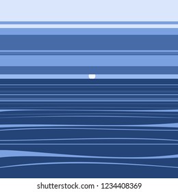 The setting sun on a dark blue sky over the ocean. Minimalistic vector landscape.