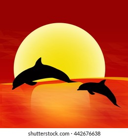 The setting sun over the sea with dolphins.  Vector illustration