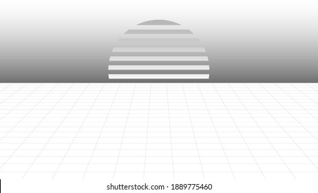 Setting sun retro futuristic surface monochrome synthwave background. Geometric white mesh with gray striped luminary. Science fiction electronic retro wave in 80s vector style.