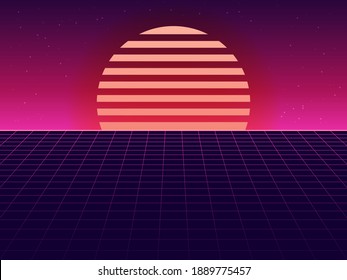 Setting sun retro futuristic synthwave surface. Geometric purple grid background with orange striped luminary. Electronic pink glow in 80s vector style.