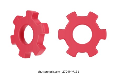 Setting symbol icons, isolated 3d cogwheel gears, front and side view. Vector rotating machine parts. Mechanisms and details element. Factor industry devices. Repair, optimizing and workflow concept