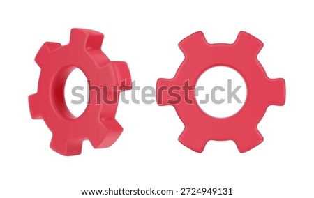 Setting symbol icons, isolated 3d cogwheel gears, front and side view. Vector rotating machine parts. Mechanisms and details element. Factor industry devices. Repair, optimizing and workflow concept