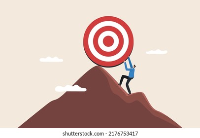 Setting Targets And Key Business Goal. Set Objective And Achievement. Ascending To Success At The Top. Businessman Leading Archery Target To Set On The Top Of The Mountain.