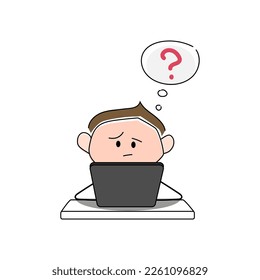 setting a task at work, a man solves a problem, a man works hard, an employee receives a task, a drawn little man with a question mark in his thoughts, a man sits at a laptop, blank for the web
