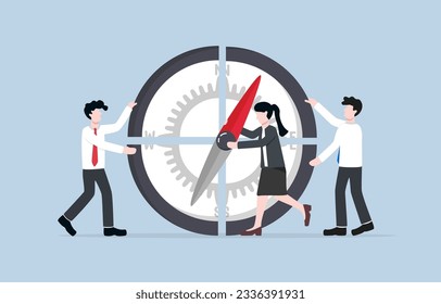 Setting team direction, collaboration for defining clear and specific path for project, establishing a shared vision concept, Business people assembling compass parts.