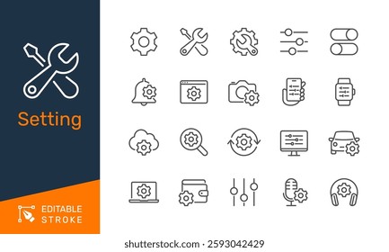 Setting thin line icons. Editable stroke. Pixel perfect.