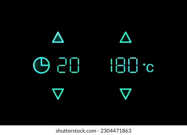 Setting time for timer and temperature in degrees Celsius for cooking food in the oven. Control panel with up down sensor buttons. Ui for electro gadgets in kitchen. Vector illustration, black mode