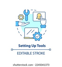 Setting up tools concept icon. New hire customer service training step abstract idea thin line illustration. Isolated outline drawing. Editable stroke. Arial, Myriad Pro-Bold fonts used