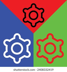 Setting vector icon, Outline style, isolated on Red, Green and Blue Background.