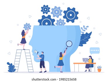 Setting Vector Illustration To Teamwork On Finding New Ideas, Launch A Mechanism, Search For Solutions Concept Design