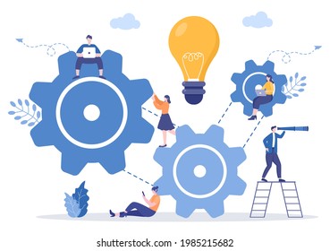 Setting Vector Illustration To Teamwork On Finding New Ideas, Launch A Mechanism, Search For Solutions Concept Design