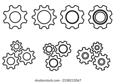 Setting, wheel or gear wheel icon set in black color. Cog settings sign and symbol. Cogwheel Isolated on white background. Vector illustration.
