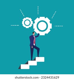Setting up work in the business that is necessary to work in the organization Businessman going up the stairs, grabbing the setting cog, holding it