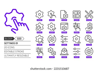 Einstellungen 01 verwandt, Pixel perfekt, bearbeitbarer Strich, nach oben skalierbar, Linie, Vektorbloop Symbol Set. 
